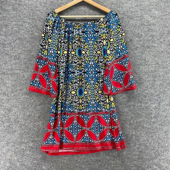 5/$45 Lapogee Dress Women M Medium Blue Geometric Shift Short 3/4 Sleeve - Picture 2 of 9